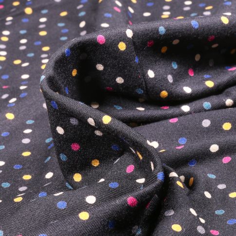 Tissu Jersey Viscose  Petits points colorés sur fond Noir