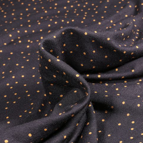 Tissu Jersey  Viscose Pois dorés 2 mm sur fond Noir