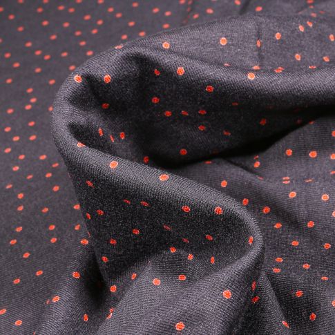 Tissu Jersey  Viscose Pois rouge 2 mm sur fond Noir