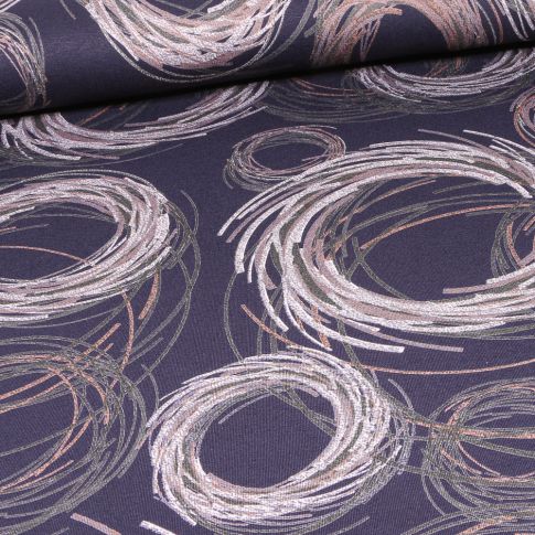Tissu Jersey Viscose  Tourbillons sur fond Bleu marine
