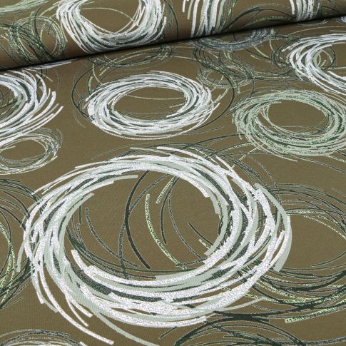 Tissu Jersey Viscose  Cercles destructurés sur fond Vert kaki