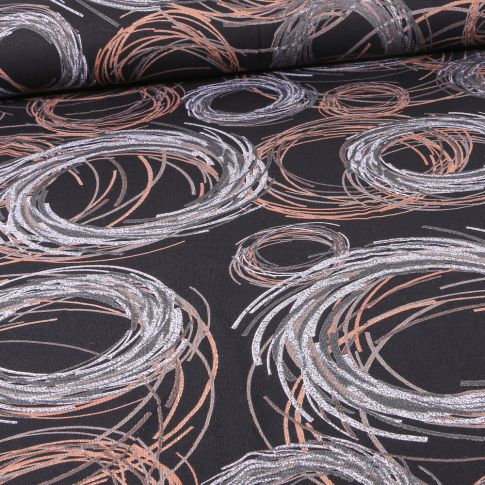 Tissu Jersey Viscose  Tourbillons sur fond Noir
