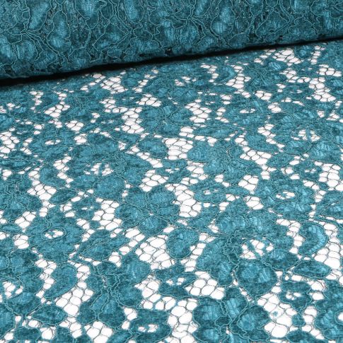 Tissu Dentelle chenille Lara Lara sur fond Bleu pétrole