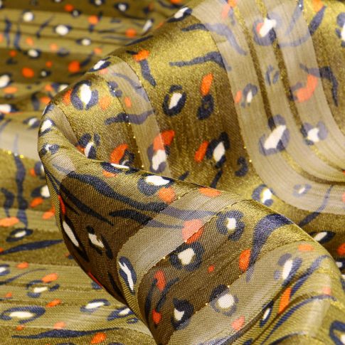 Tissu Satin Taches léopard et rayures transparentes sur fond Vert kaki