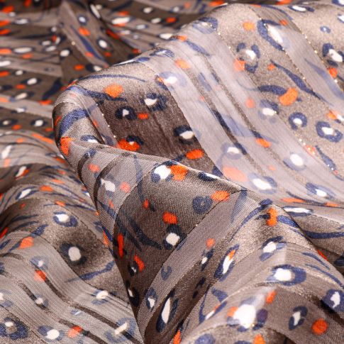 Tissu Satin Taches léopard et rayures transparentes sur fond Marron