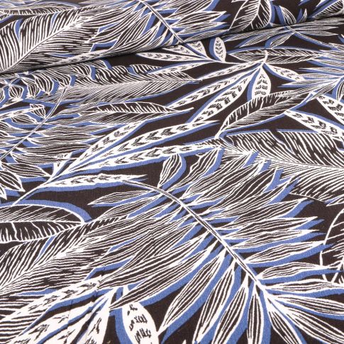 Tissu Viscose texturé Feuilles de palmier bleu sur fond Noir