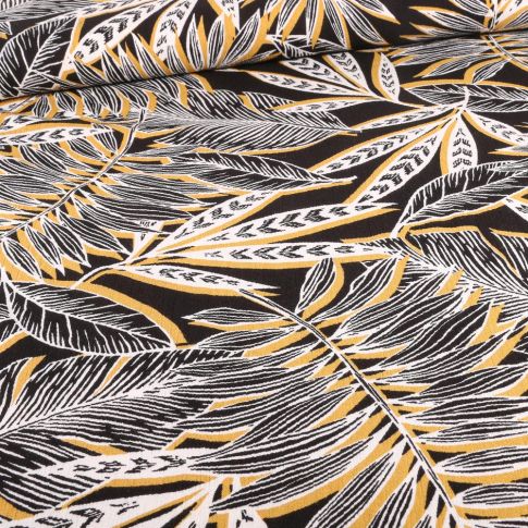 Tissu Viscose texturé Feuilles de palmier jaune sur fond Noir