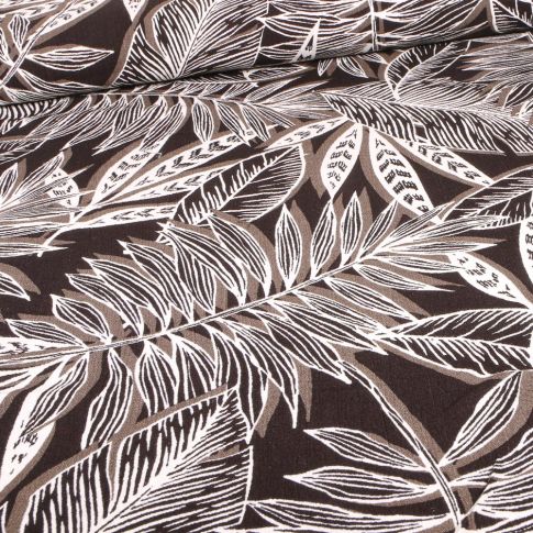 Tissu Viscose texturé Feuilles de palmier beige sur fond Noir