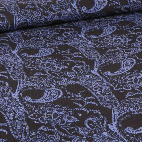 Tissu Viscose aspect crêpe Paisley cachemire bleu sur fond Noir