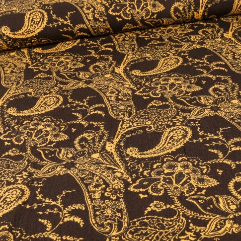 Tissu Viscose texturé Paisley jaune sur fond Noir