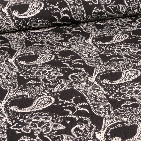 Tissu Viscose texturé Paisley blanc sur fond Noir