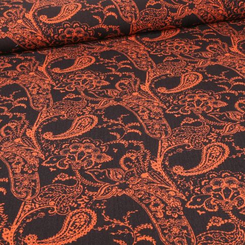 Tissu Viscose aspect crêpe Paisley cachemire orange sur fond Noir