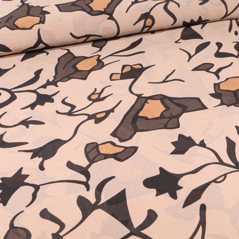 Tissu Mousseline Fleurs noires sur fond Beige