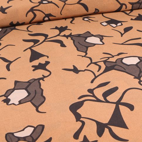 Tissu Mousseline Fleurs noires sur fond Camel