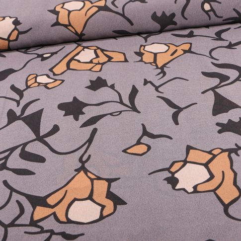 Tissu Mousseline Fleurs noires sur fond Gris