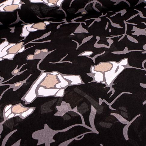 Tissu Mousseline Fleurs noires sur fond Noir
