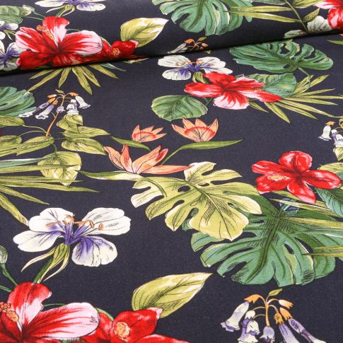 Tissu Viscose Twill Feuilles et fleurs tropical sur fond Bleu marine