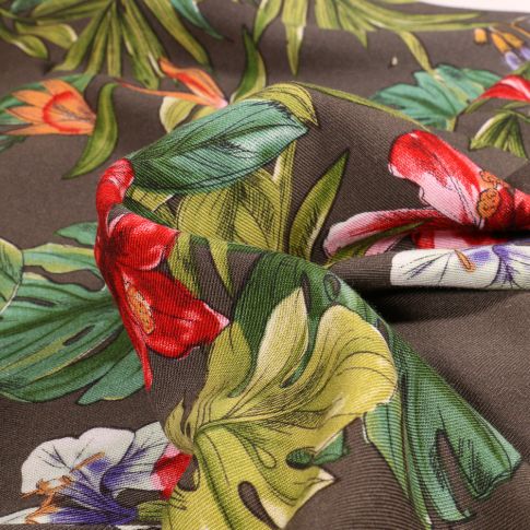 Tissu Viscose Twill Feuilles et fleurs tropical sur fond Gris