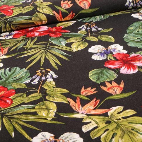 Tissu Viscose Twill Feuilles et fleurs tropical sur fond Noir