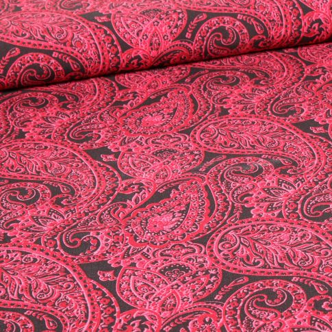 Tissu Viscose Popeline Paisley fucshia sur fond Noir