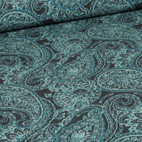 Tissu Viscose Popeline Paisley pétrole sur fond Noir