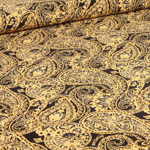 Tissu Viscose Popeline Paisley jaune sur fond Noir
