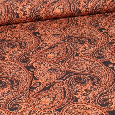 Tissu Viscose Popeline Paisley orange sur fond Noir