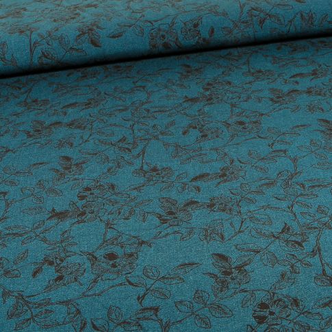 Tissu Viscose Esquisse fleuris sur fond Bleu canard