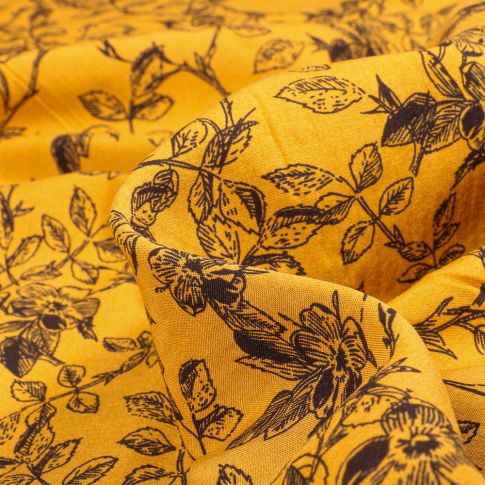 Tissu Viscose Popeline Esquisse fleuris sur fond Jaune