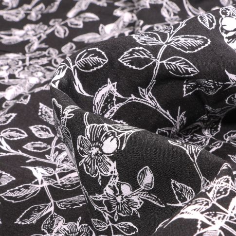 Tissu Viscose Popeline Esquisse fleuris sur fond Noir