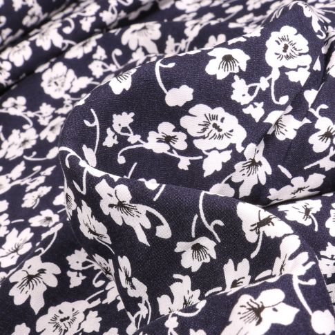 Tissu Viscose Pensées sur fond Bleu marine
