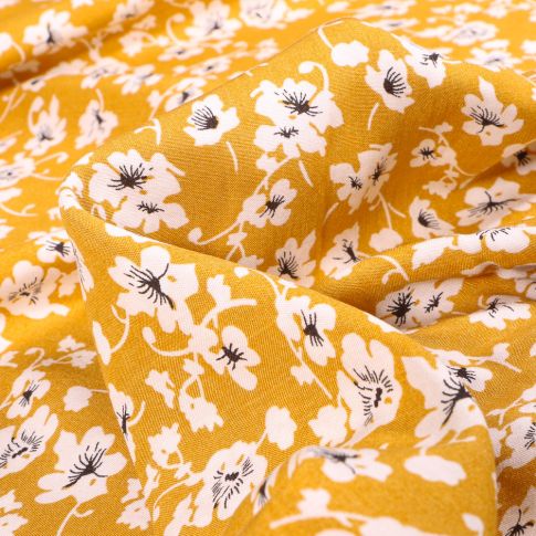 Tissu Viscose Pensées sur fond Jaune