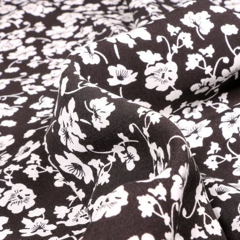 Tissu Viscose Pensées sur fond Noir