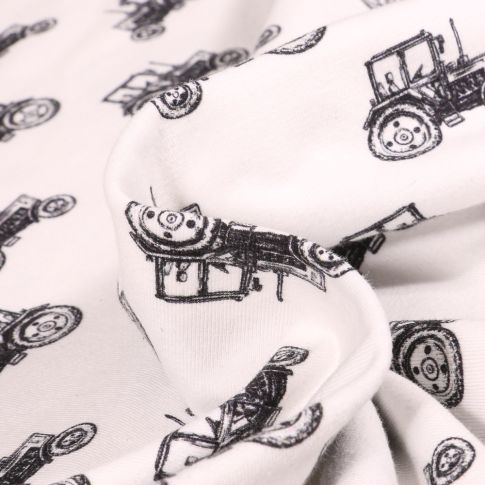 Tissu Jersey Coton Bio Tracteurs sur fond Blanc cassé