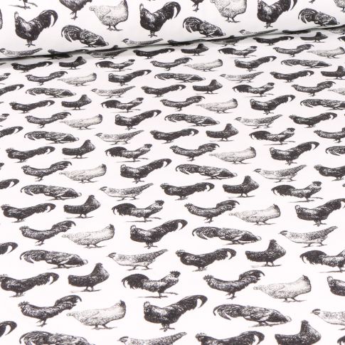 Tissu Jersey Coton Coqs sur fond Blanc