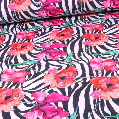 Tissu Softshell Zébra flowers sur fond Blanc