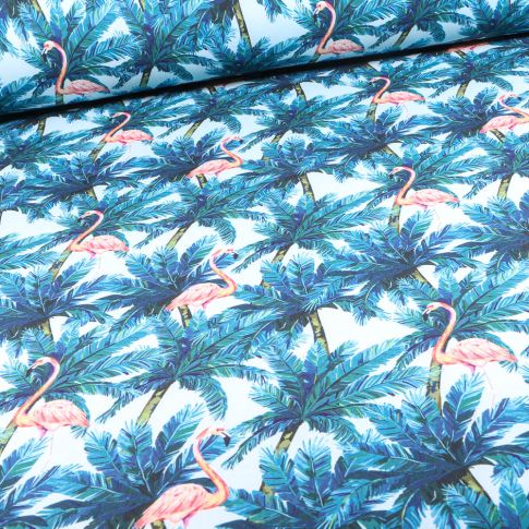 Tissu Softshell Flamants rose et végétations sur fond Blanc