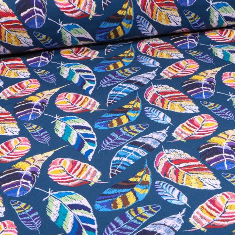 Tissu Softshell Plumes multicolores sur fond Bleu