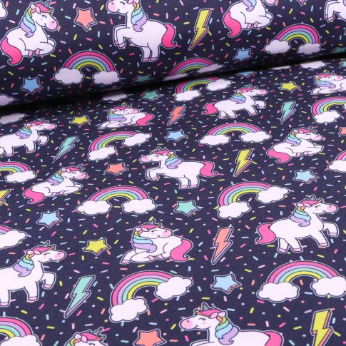 Tissu Softshell Funny licorne sur fond Bleu marine