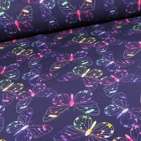 Tissu Softshell Papillons multicolores sur fond Violine