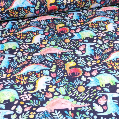 Tissu Softshell Dinosaures multicolores sur fond Bleu marine