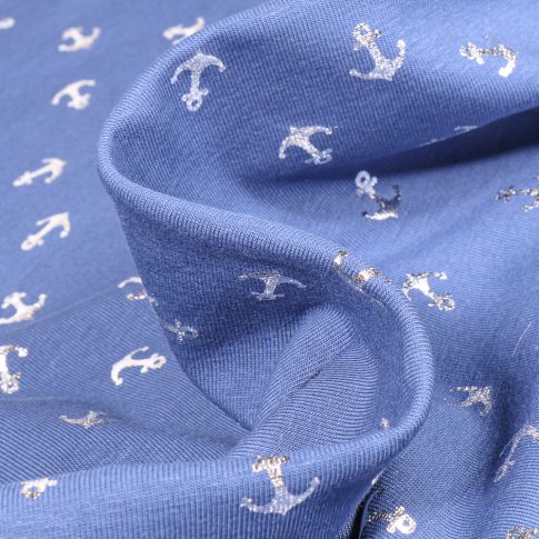 Tissu Jersey Coton Ancres métallisées argentées sur fond Bleu indigo