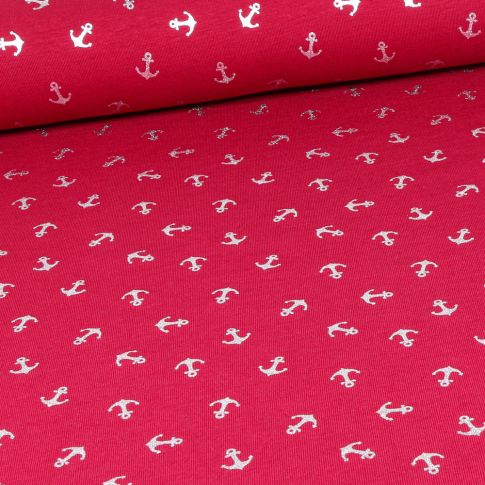 Tissu Jersey Coton Ancres métallisées argentées sur fond Bordeaux