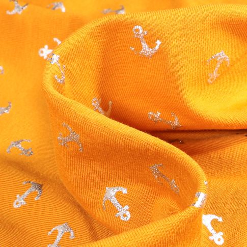 Tissu Jersey Coton Ancres métallisés argentés sur fond Jaune