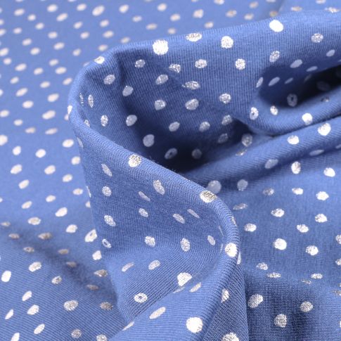 Tissu Jersey Coton Pois métallisés 5 mm sur fond Bleu