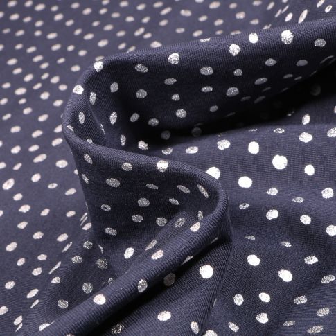 Tissu Jersey Coton Pois métallisés 5 mm sur fond Bleu marine