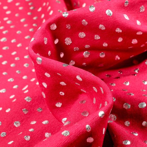 Tissu Jersey Coton Pois métallisés 5 mm sur fond Rouge
