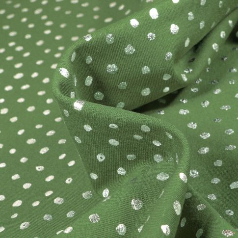 Tissu Jersey Coton Pois métallisés 5 mm sur fond Vert