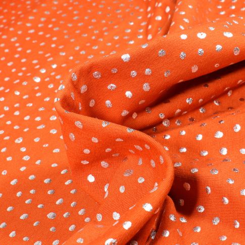 Tissu Jersey Coton Pois métallisés 5 mm sur fond Orange
