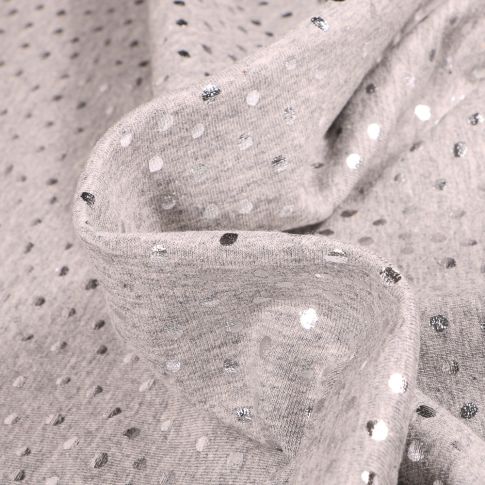 Tissu Jersey Coton Pois métallisés 5 mm sur fond Gris chiné